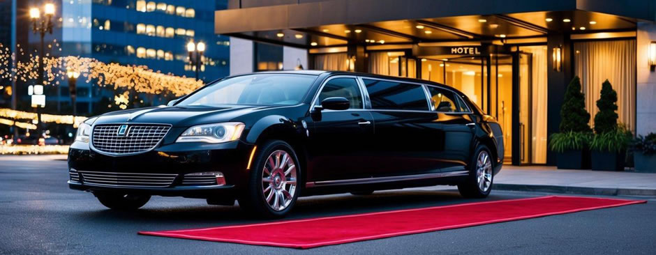 A sleek, black limousine parked in front of a luxury hotel, surrounded by twinkling city lights and a red carpet leading to the entrance