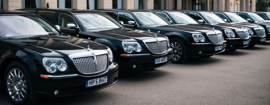 A row of sleek, luxurious limousines lined up in front of a grand hotel, each with its own unique set of amenities and features