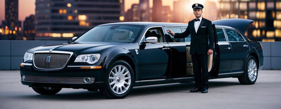 A sleek black limousine parked in front of a luxury hotel, with a chauffeur standing by the open door. The city skyline glows in the background