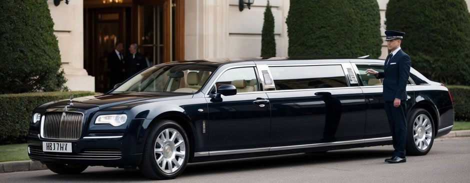 A luxurious limousine parked in front of a grand hotel, with a chauffeur standing by the open door, ready to assist passengers