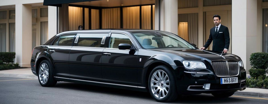 A sleek black limousine parked outside a luxury hotel, with a chauffeur standing by the open door, ready to assist passengers