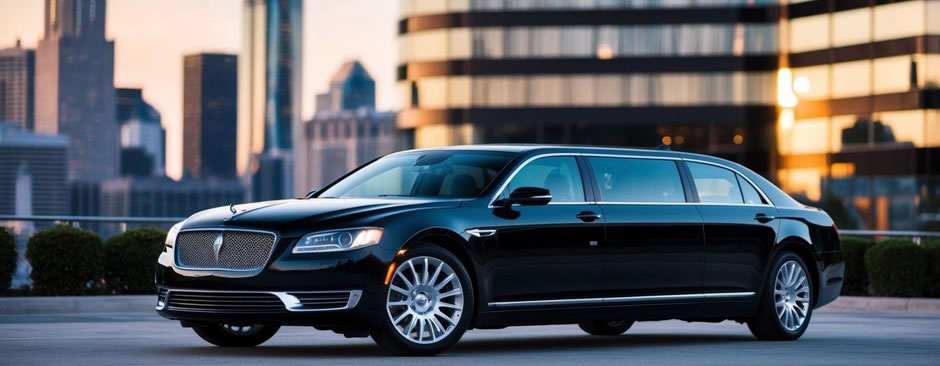 A sleek, black limousine parked in front of a luxury hotel, with the city skyline in the background