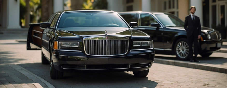 A luxurious limousine parked in front of a grand hotel, with a chauffeur standing by, ready to assist customers with their luggage