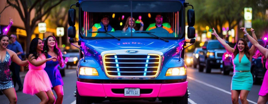 A vibrant party bus driving through the streets of Scottsdale, with neon lights, music, and excited passengers dancing and having fun