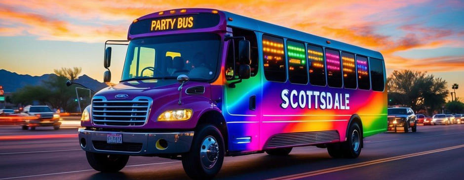 A vibrant party bus cruising through the streets of Scottsdale, with colorful lights and lively music emanating from the windows