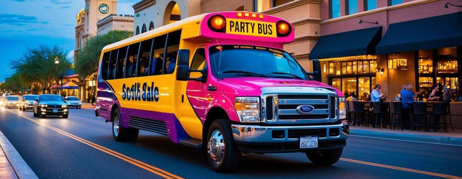 A vibrant party bus cruises through the lively streets of Scottsdale, passing by trendy bars, upscale restaurants, and bustling nightlife hotspots