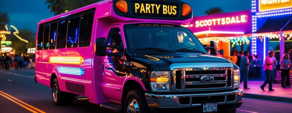 A vibrant party bus cruising through Scottsdale's bustling nightlife district, with neon lights and lively music filling the air