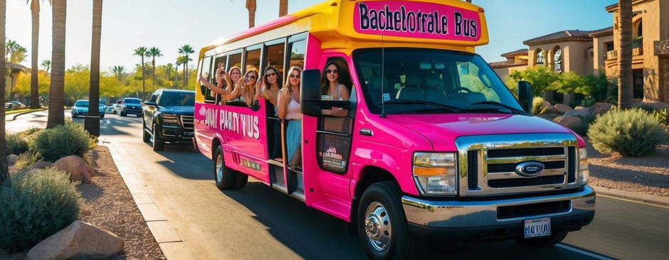 A vibrant Scottsdale party bus filled with excited bachelorette party-goers, cruising past palm trees and luxury resorts under the Arizona sun